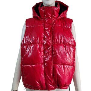 LOU & GREY Gorpcore Cherry Red Puffer Zip & Snap Front w Hood Nylon Vest Sz S